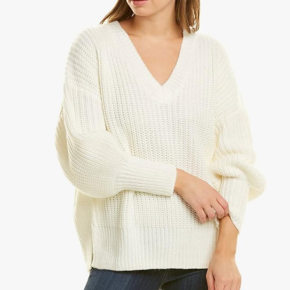Cinq a Sept Antonella Sweater V-Neck Long Sleeve Shaker Knit Top White Small